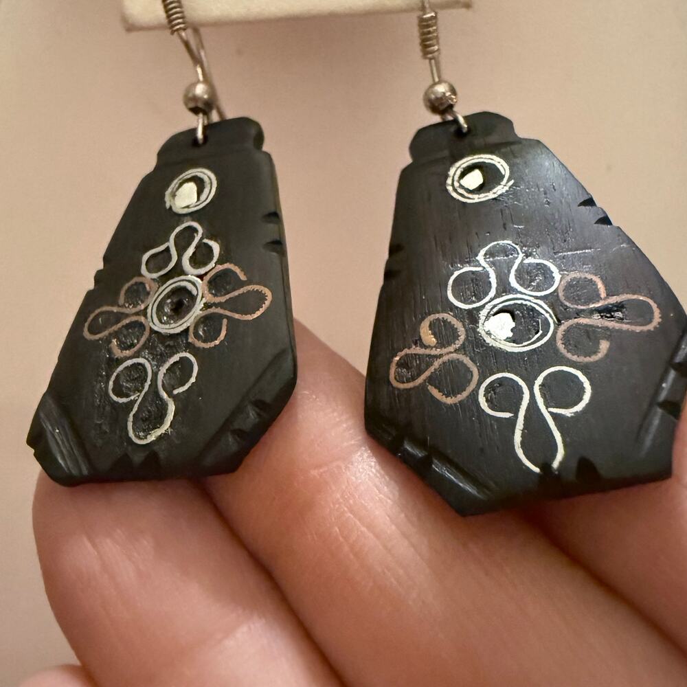 Handcrafted Artisan Mixed Metal Embossed Wooden Earrings - Picture 6 of 7